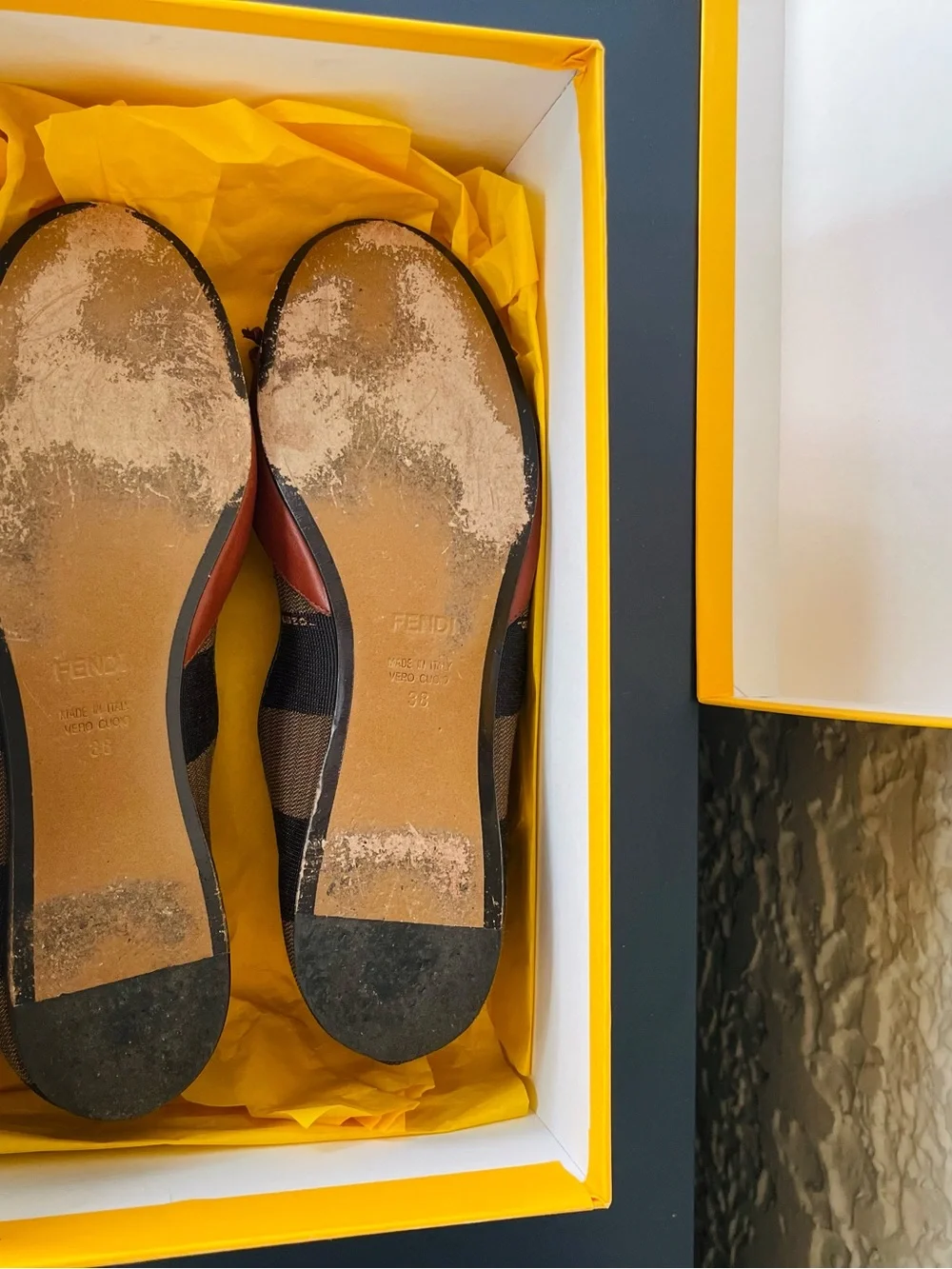 Authentic Fendi Brown Leather & Striped Fabric Ballet Flats Size 38 EUR